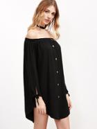 Shein Black Off The Shoulder Button Front Tie Sleeve Dress