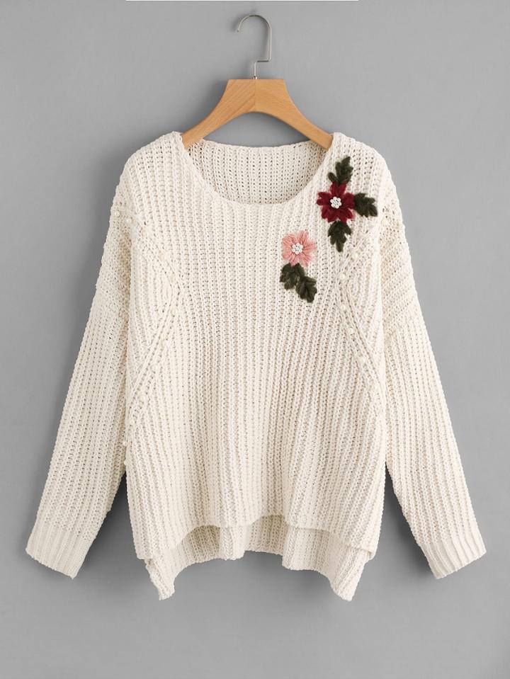 Shein Pearl Embellished Flower Embroidered Staggered Jumper