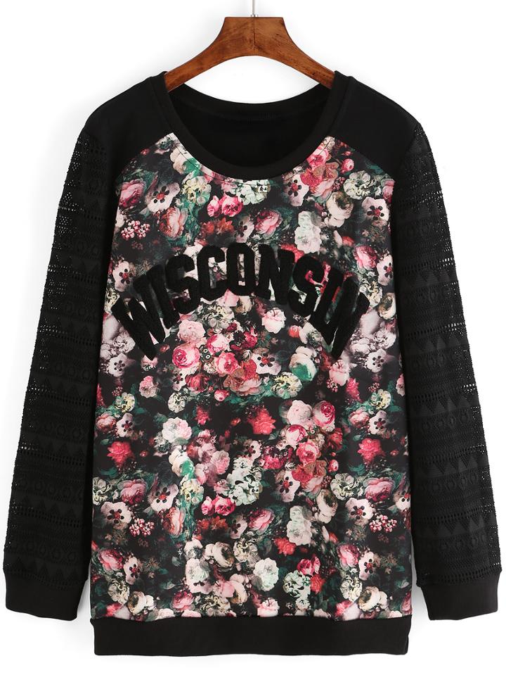 Shein Multicolor Crew Neck Floral Letters Print Sweatshirt