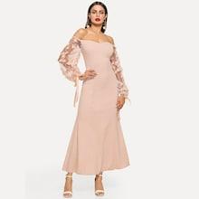 Shein 3d Applique Sheer Sleeve Off Shoulder Dress