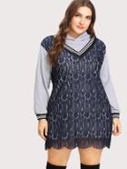 Shein Contrast Striped Trim Lace Overlay Hoodie Dress