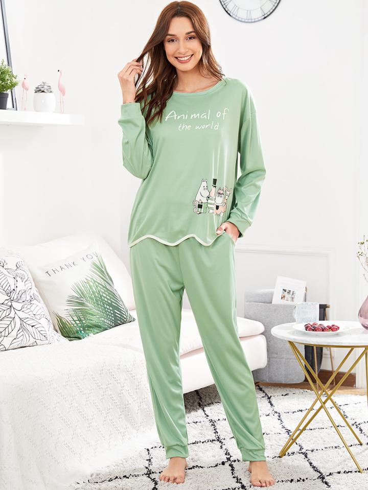 Shein Cartoon Hippo Print Tee & Pants Pj Set