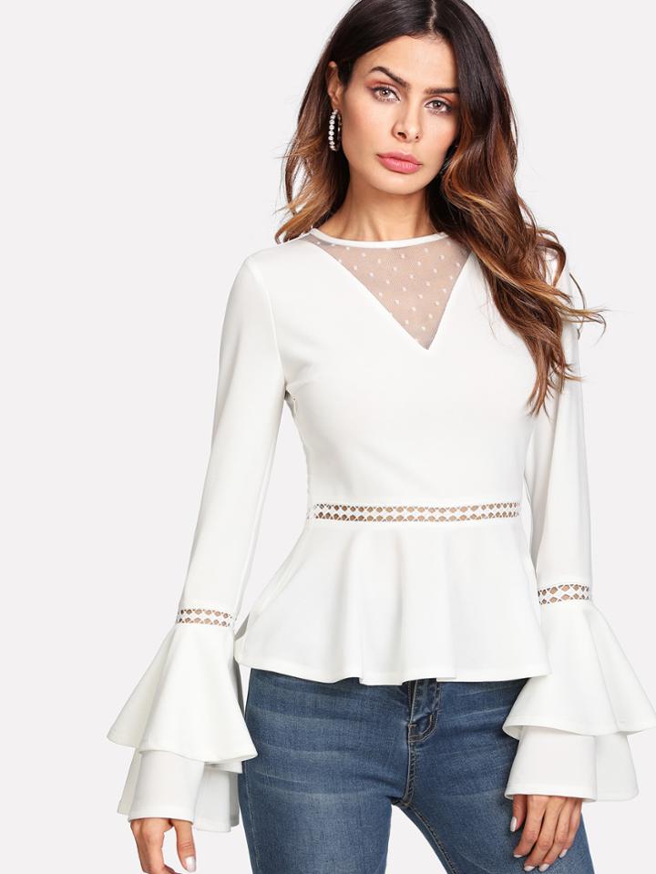 Shein Dot Mesh V Neck Lace Insert Peplum Top