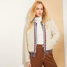 Shein Contrast Tape Fringe Detail Teddy Jacket