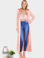 Shein Two Tone Chiffon Satin Belted Duster Coat Rose