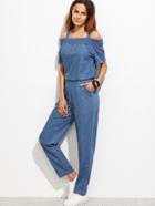 Shein Shirred Open Shoulder Chambray Jumpsuit With Pocket