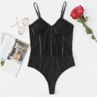 Shein Lace And Ribbon Detail Solid Cami Bodysuit