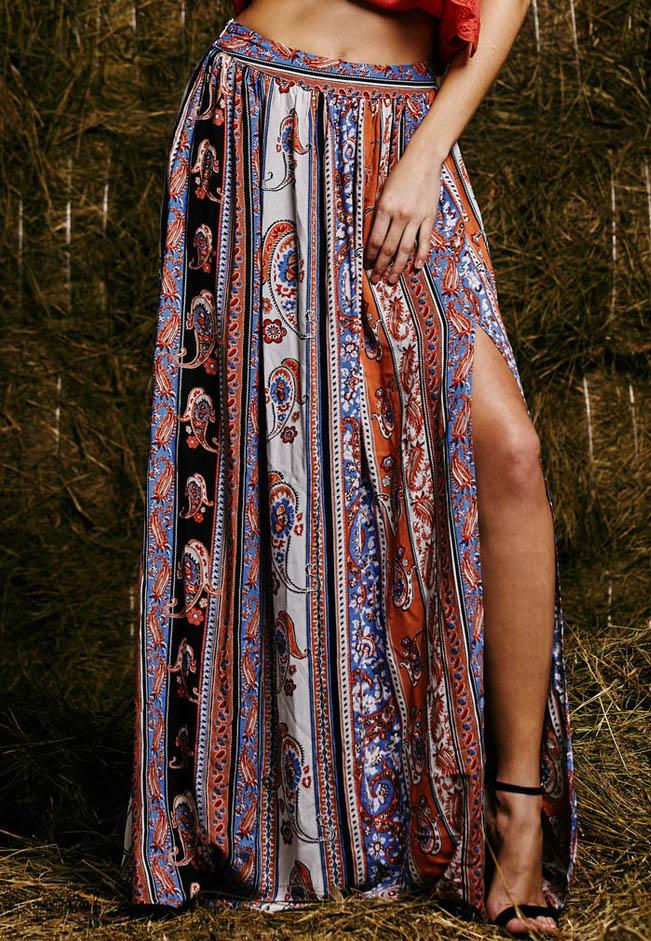 Shein Multicolor Tribal Side Slit Maxi Skirt