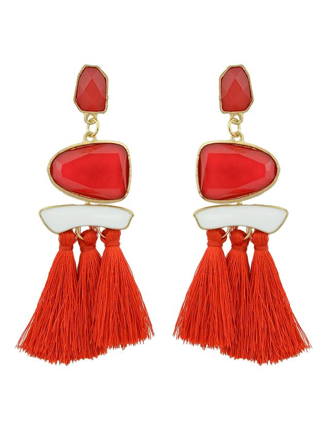 Shein Red Bohemian Style Ethnic Statement Big Tassel Drop Earrings