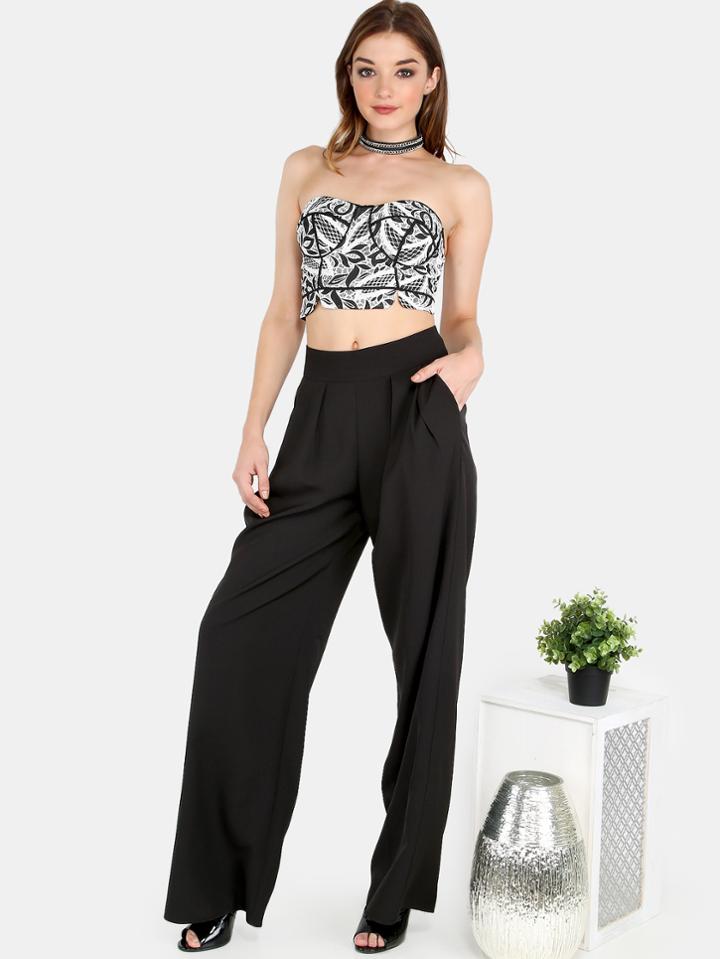 Shein Floral Applique Bustier & Wide Leg Trouser Pants Black