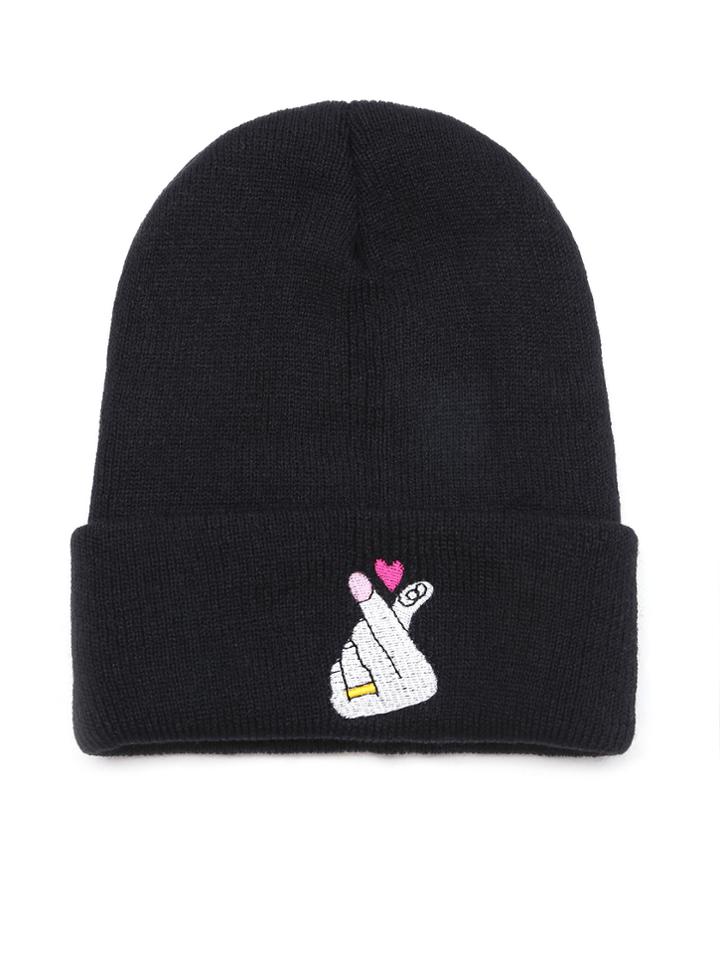 Shein Black Embroidered Funny Beanie Hat