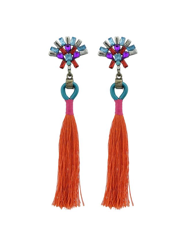 Shein Red Rhinestone Handmade Long Tassel Drop Earrings