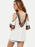 Shein White Cold Shoulder Tie Back Tassel T-shirt