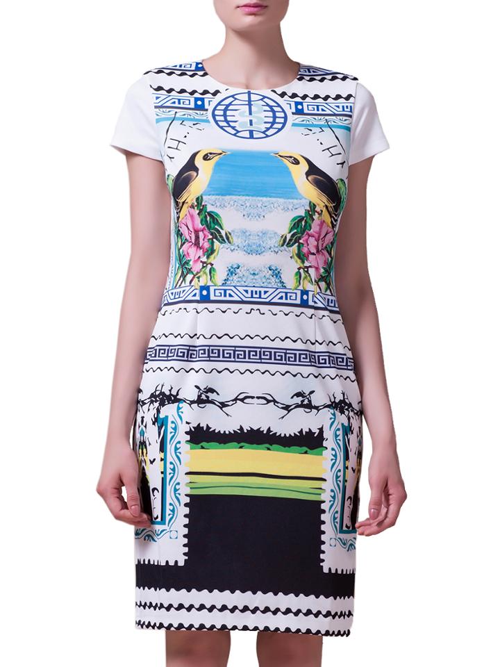 Shein White Crew Neck Bird Print Sheath Dress