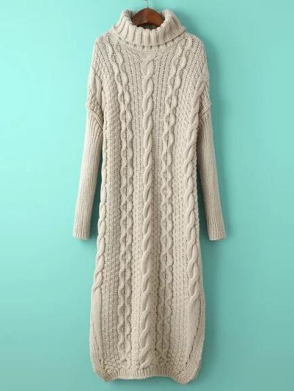 Shein Apricot Turtle Neck Cable-knit Split Sweater Dress