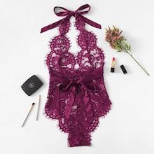 Shein Scalloped Trim Eyelash Lace Teddy Bodysuit