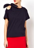Rosewe Cutout Shoulder Bowknot Embellished Navy Blue Tee