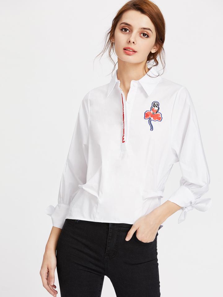 Shein Embroidered Half Placket Tie Cuff Blouse