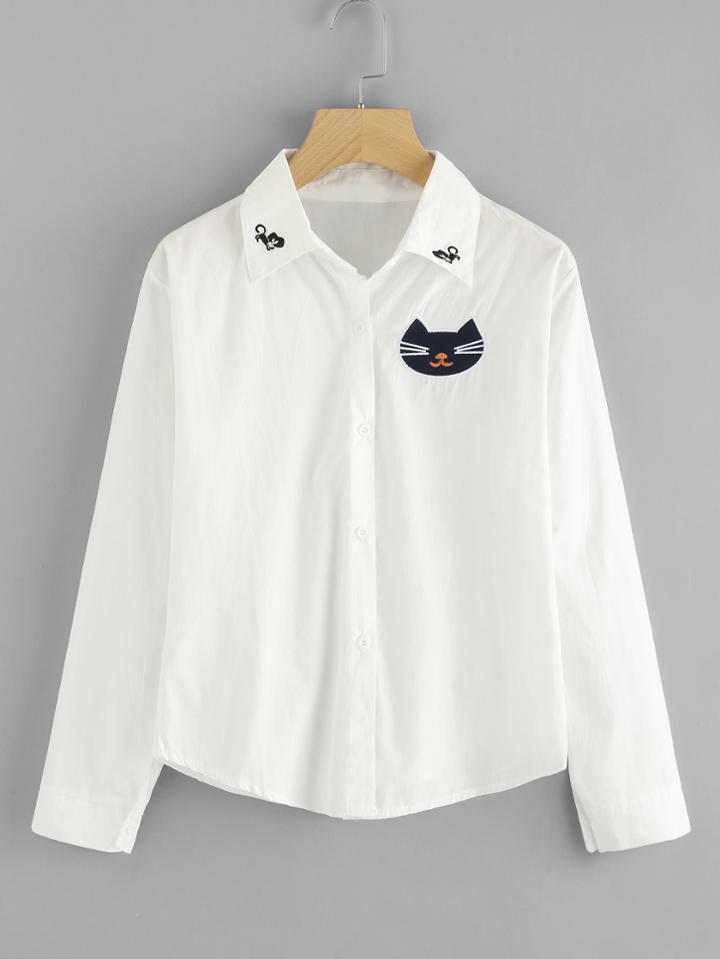 Shein Cartoon Cat Embroidery Shirt