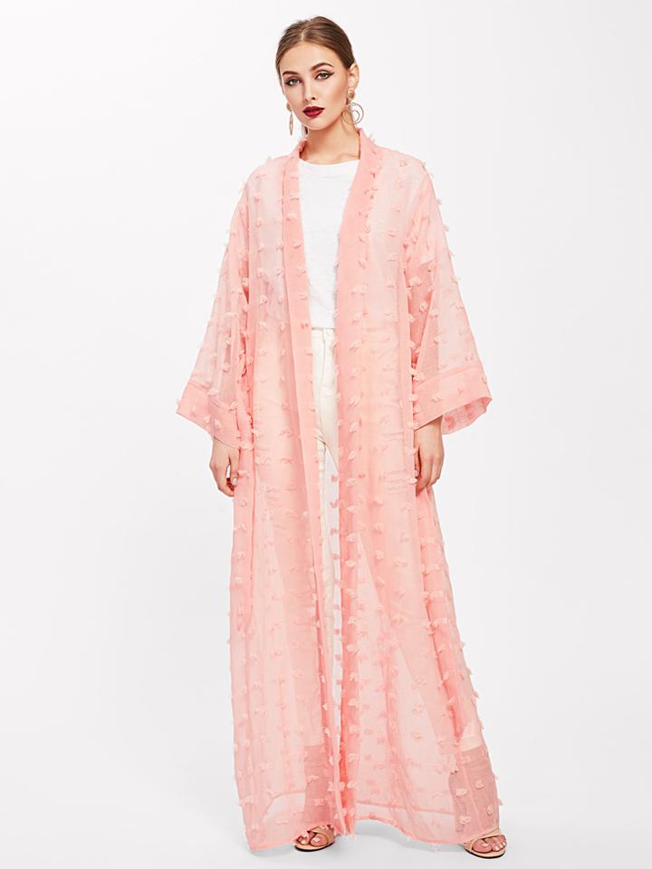 Shein Shawl Collar Frayed Jacquard Detail Abaya