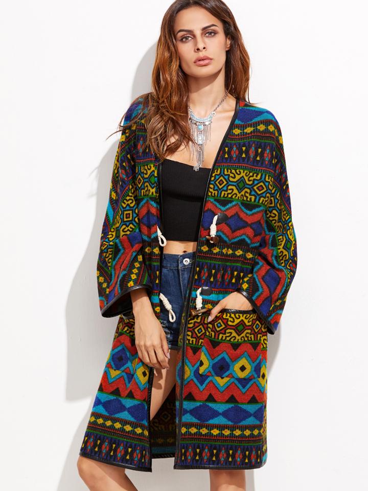 Shein Multicolor Geo Pattern Faux Leather Binding Coat