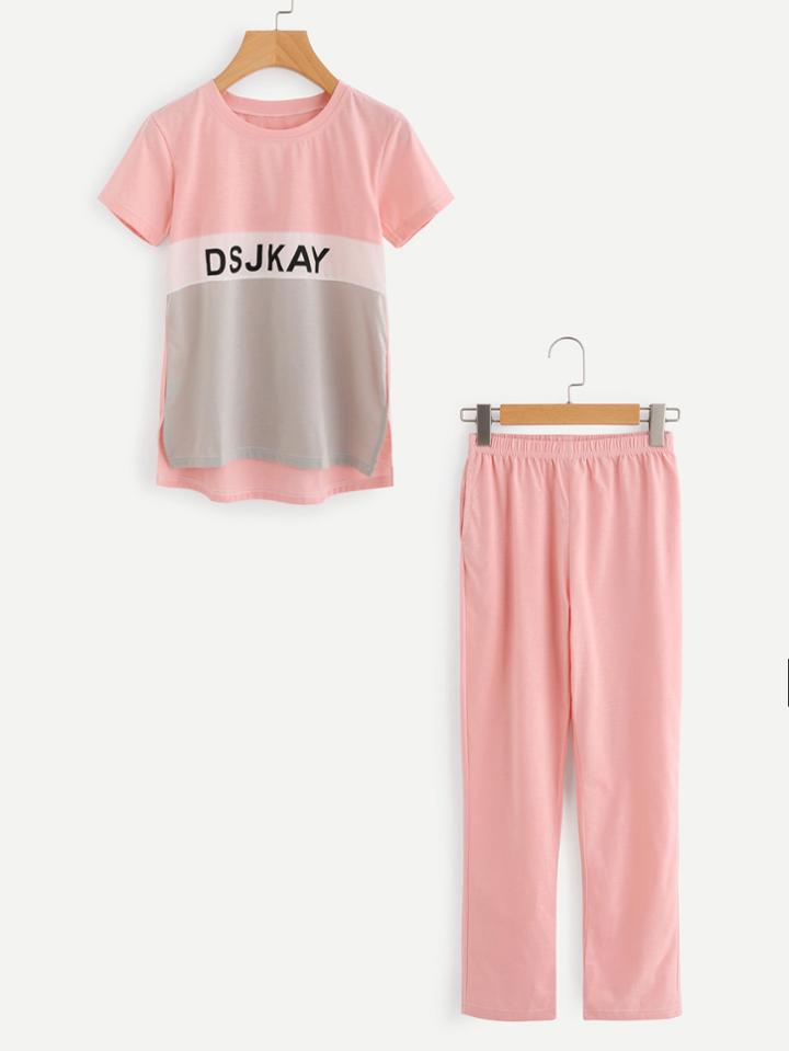 Shein Letter Print Color Block Top And Pants