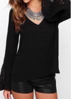 Rosewe V Neck Black Long Flare Sleeve T Shirt