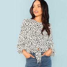 Shein Keyhole Back Knot Hem Leopard Top