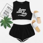 Shein Contrast Tape Letter Print Crop Top And Shorts Set