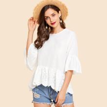 Shein Laser Cut Insert Ruffle Dip Hem Blouse