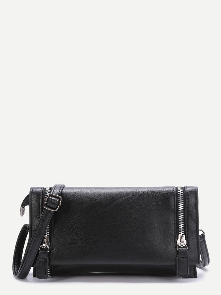 Shein Black Zipper Fold Over Pu Shoulder Bag