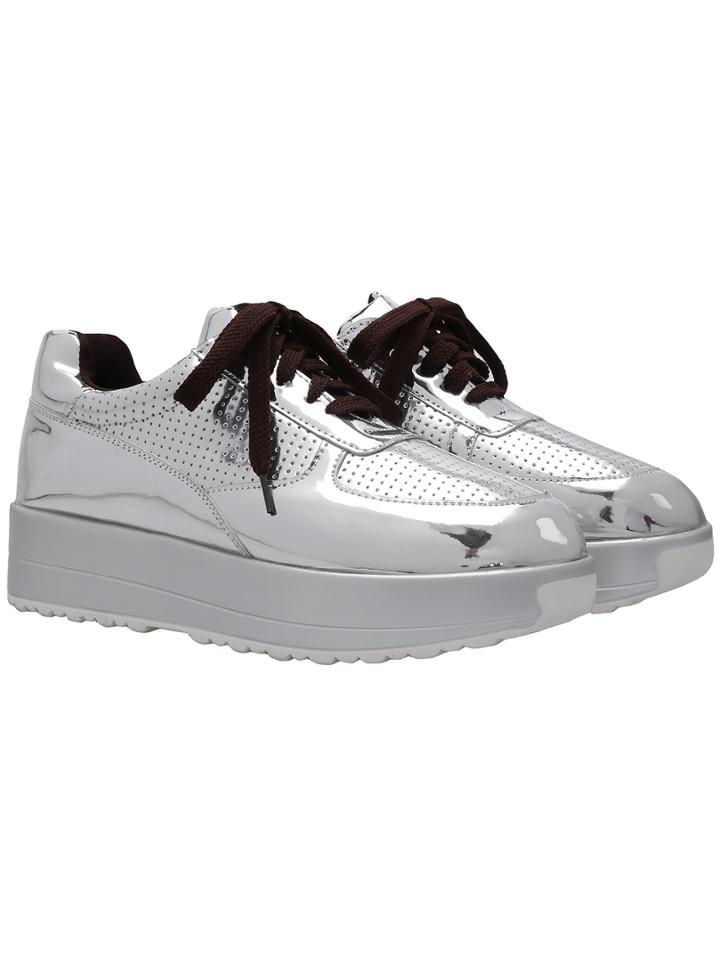Shein Silver Almond Toe Thick-soled Lace Up Pierced Flats