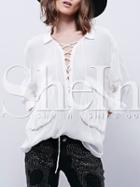 Shein White Long Sleeve Lapel Lace Up Blouse