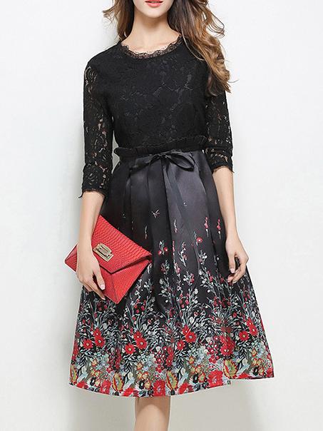 Shein Black Contrast Lace Floral A-line Dress