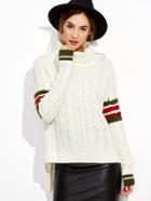 Shein White Cable Knit Striped Sleeve High Low Sweater