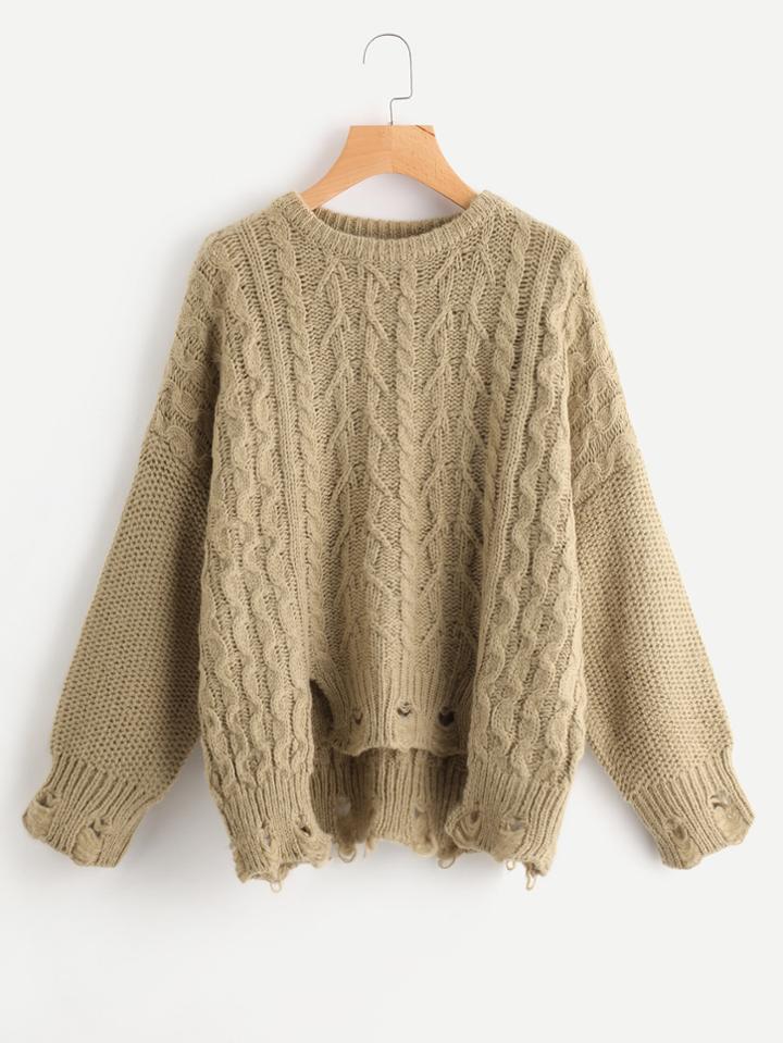 Shein Cable Knit Raw Cut Stepped Hem Jumper