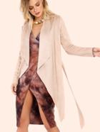 Shein Suede Belted Crepe Lapel Outerwear Nude