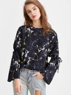 Shein Navy Floral Print Bell Sleeve Bow Tie Blouse