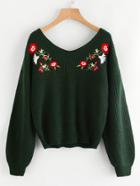 Shein Botanical Embroidered V Neckline Drop Sweater