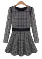 Rosewe Sweet Round Neck Plaid Puff Sleeve A Line Dress