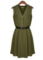 Rosewe Army Green Sleeveless Chiffon Dress With Button Design