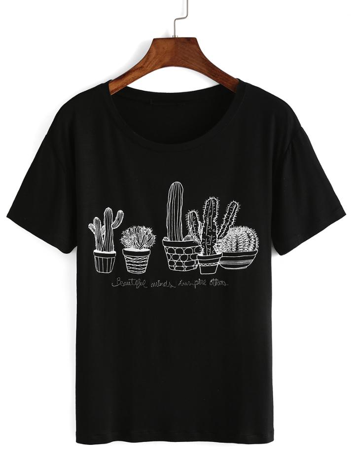 Shein Black Cactus Print T-shirt