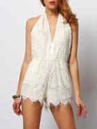 Shein Apricot Deep V Neck Halter Lace Jumpsuit