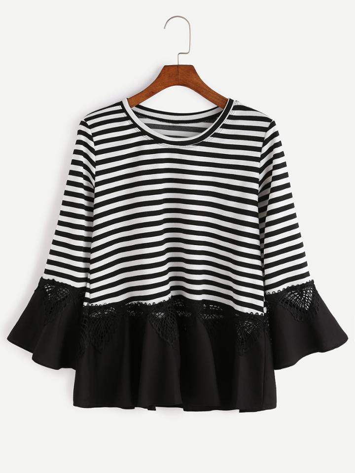 Shein Contrast Crochet Trim Striped T-shirt