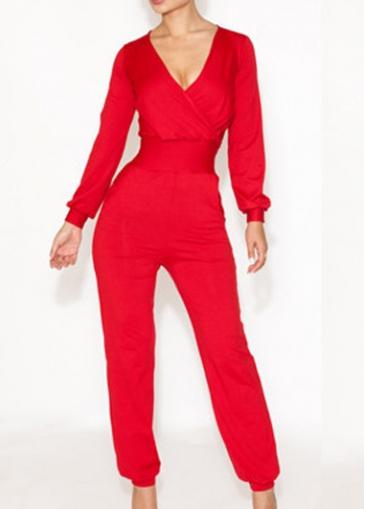 Rosewe Lantern Sleeve V Neck Red Jumpsuit