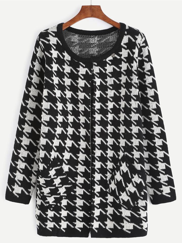 Shein Black Houndstooth Collarless Sweater Coat With Pocket