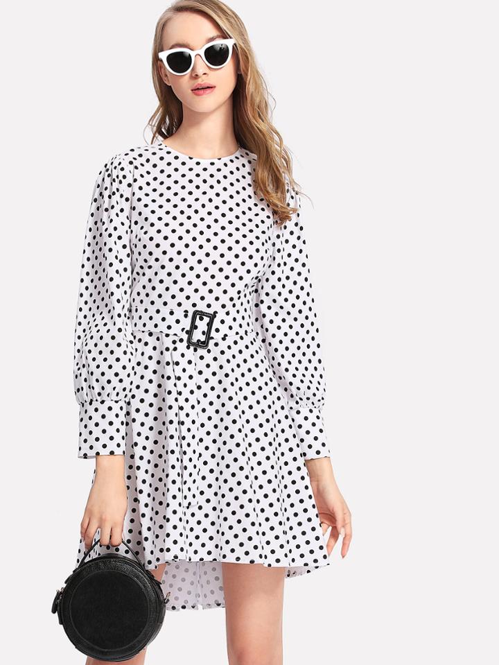 Shein Bishop Sleeve Belted Polka Dot Dress