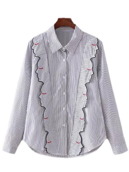 Shein Blue White Abstract Figures Ruffle Stripe Blouse