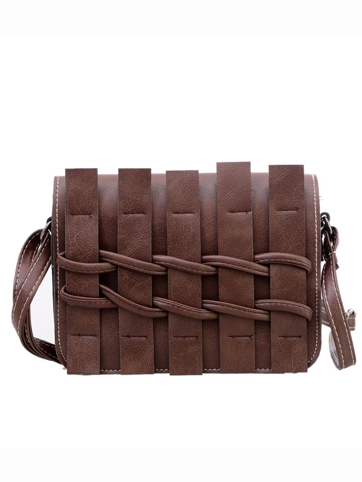 Shein Faux Leather Braided Flap Bag - Dark Brown