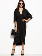 Shein Black Deep V Neck Batwing Sleeve Dip Hem Dress